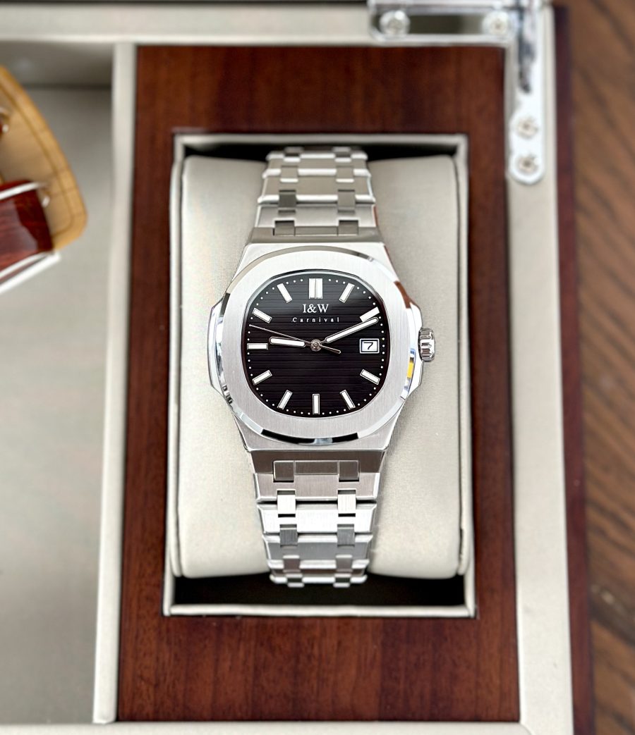 ĐỒNG HỒ NAM I&W Carnival 721G Black - Viền Bạc Trơn - Automatic - Dây Thép - Kính Sapphire