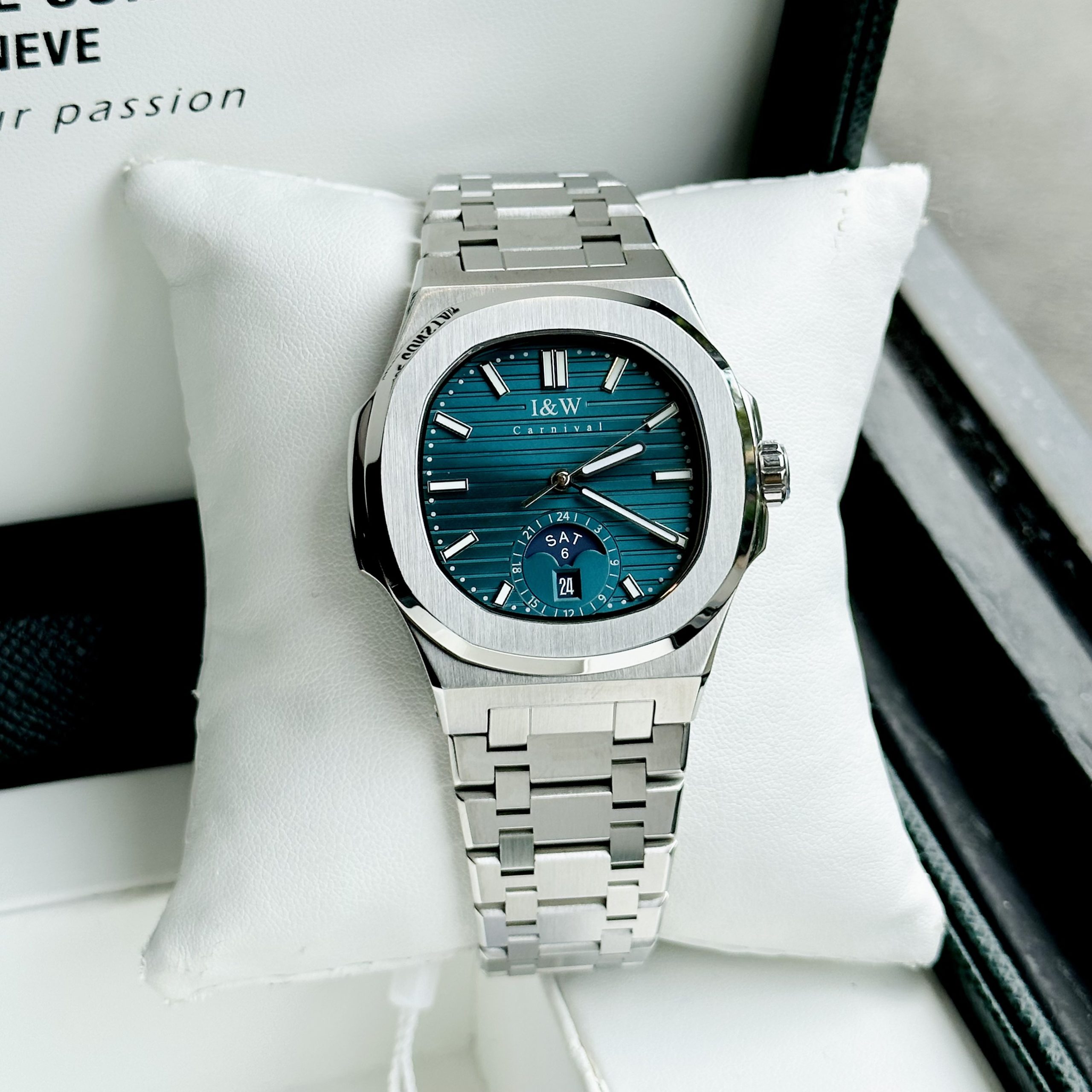 ĐỒNG HỒ NAM I&W Carnival 735G Emerald Green - Viền Trơn - Dây Thép - Automatic - Kính Sapphire