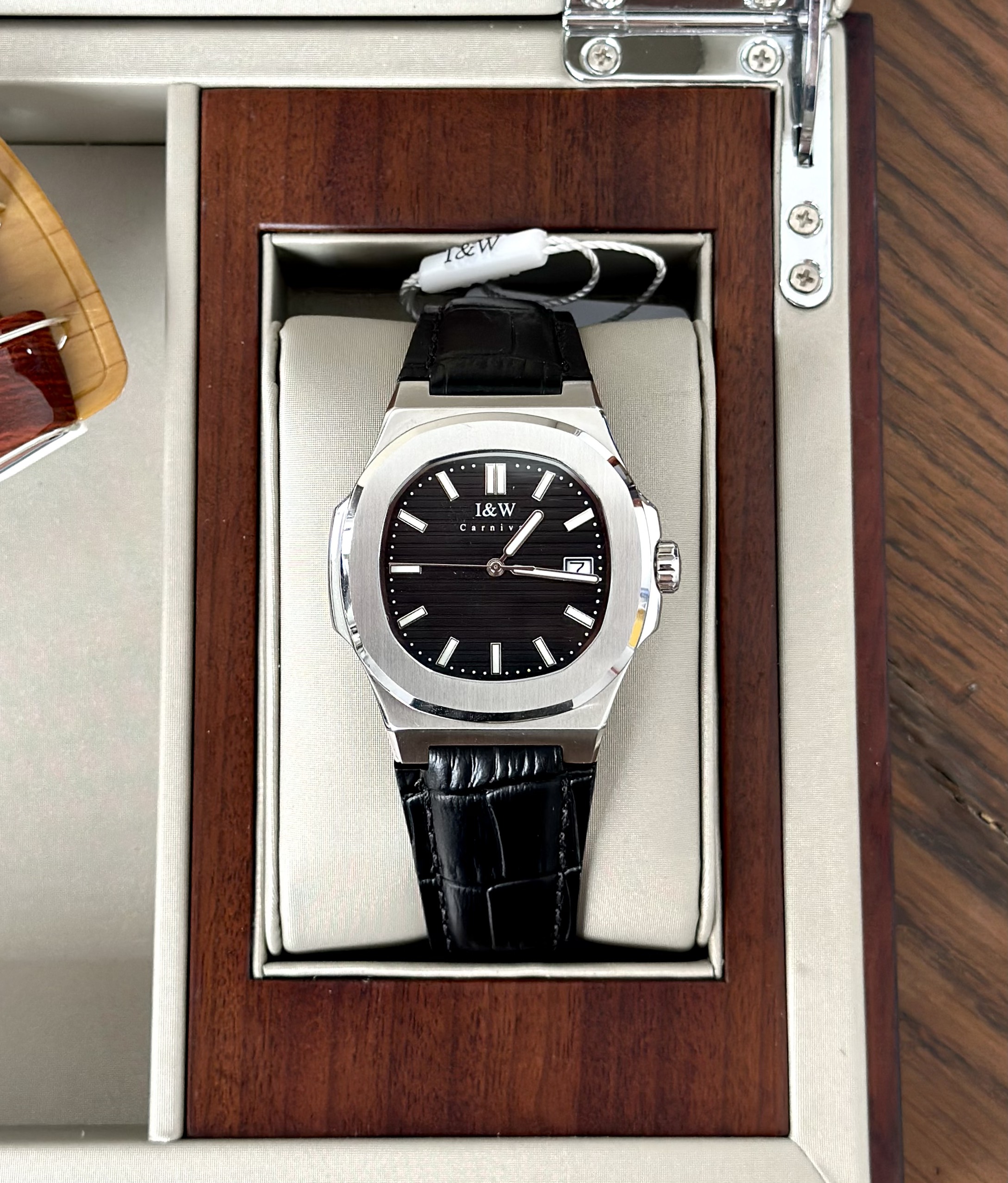 ĐỒNG HỒ NAM I&W Carnival 721G Black - Viền Bạc Trơn - Automatic - Dây Da - Kính Sapphire