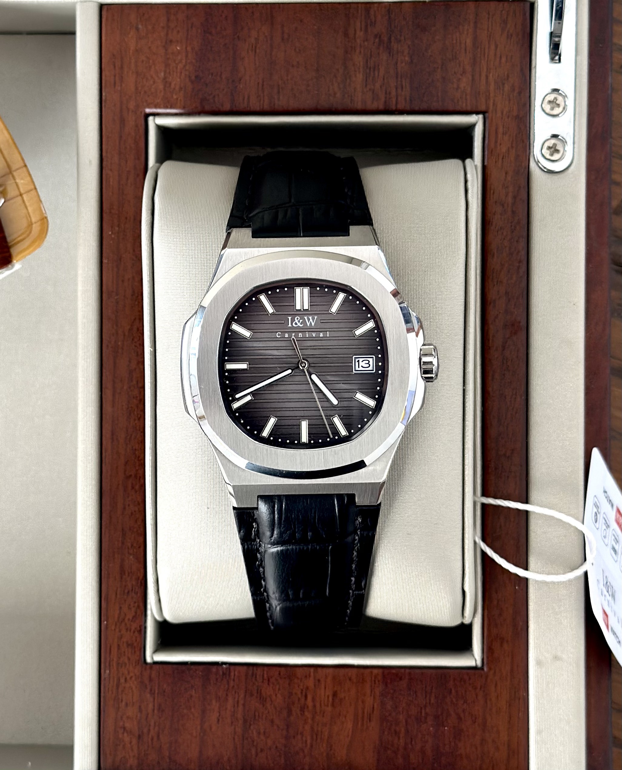 ĐỒNG HỒ NAM I&W Carnival 721G Gray - Viền Bạc Trơn - Automatic - Dây Da - Kính Sapphire