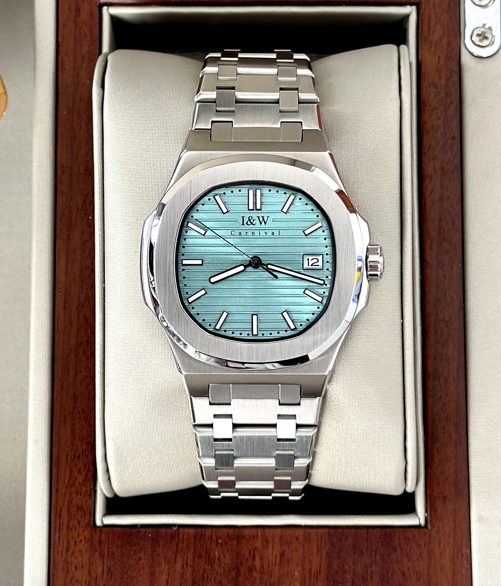 ĐỒNG HỒ NAM I&W Carnival 721G TIFFANY - Viền Bạc Trơn - Dây Thép - Automatic - Kính Sapphire
