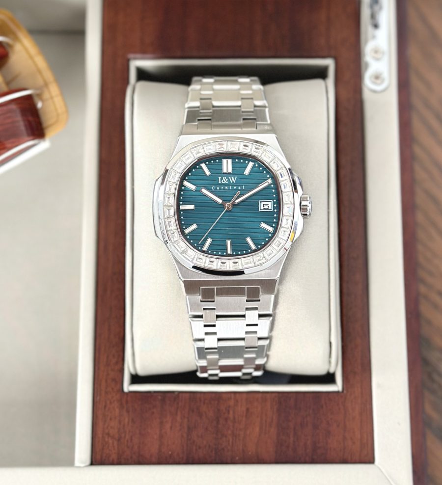 ĐỒNG HỒ NAM I&W Carnival 721G Emerald Green - Viền Bạc Đá - Dây Thép - Automatic - Kính Sapphire