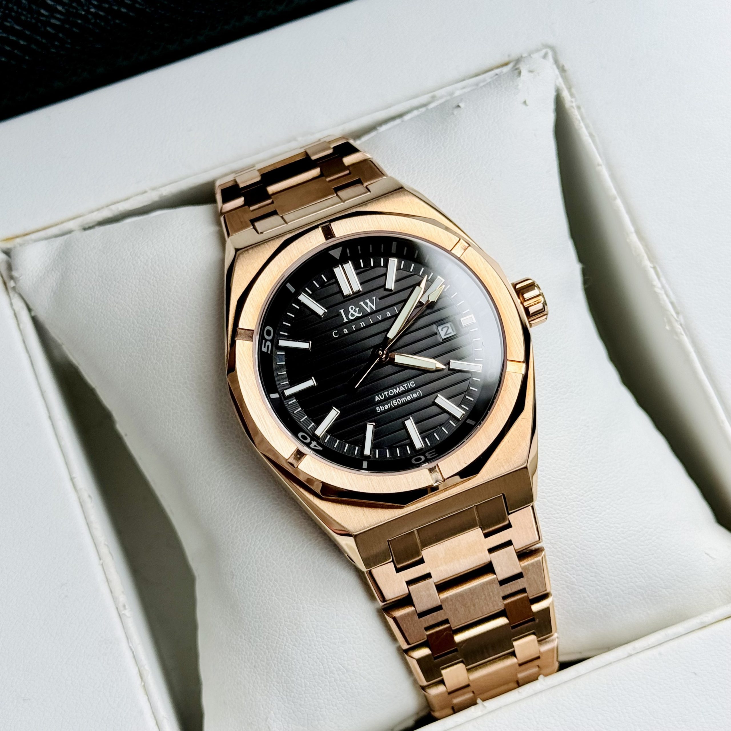 ĐỒNG HỒ NAM I&W Carnival 711G - Mặt Black - Viền Vàng Trơn - Dây Thép Gold - Automatic - Kính Sapphire