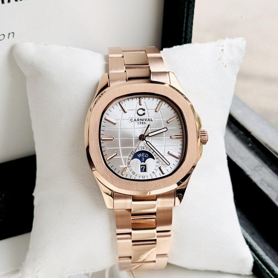 ĐỒNG HỒ NAM Carnival Aquanus 8113G - Mặt Trắng- Viền Vàng - Dây Thép - Automatic - Kính Sapphire