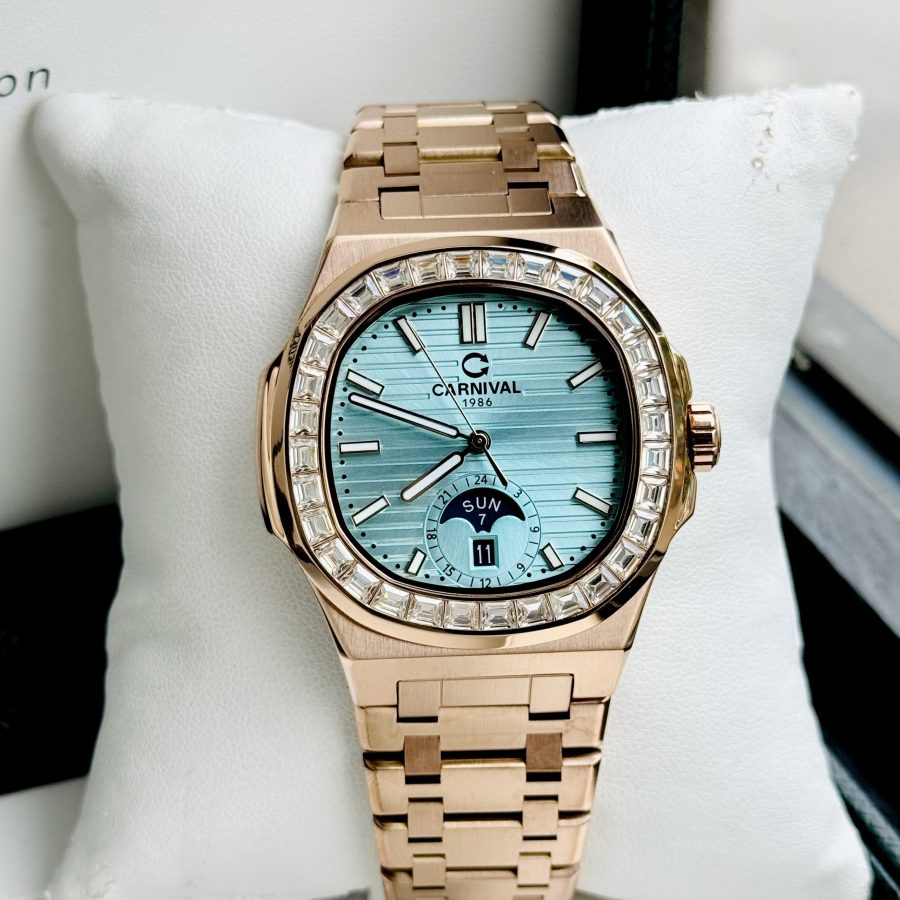 ĐỒNG HỒ NAM Carnival Aquanus 8110G - Mặt TIFFANY- Viền Vàng Đá - Dây Thép - Automatic - Kính Sapphire