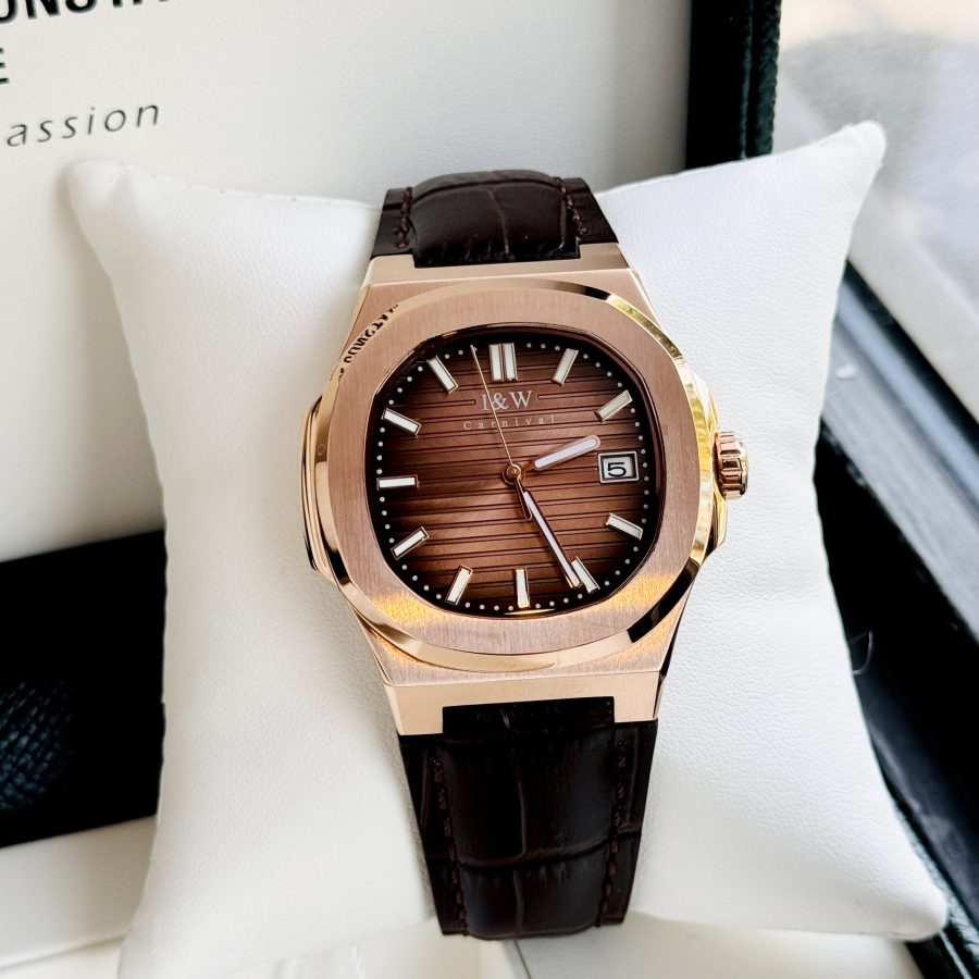 ĐỒNG HỒ NAM I&W Carnival 721G Gold - Viền Gold Trơn - Dây Da - Automatic - Kính Sapphire