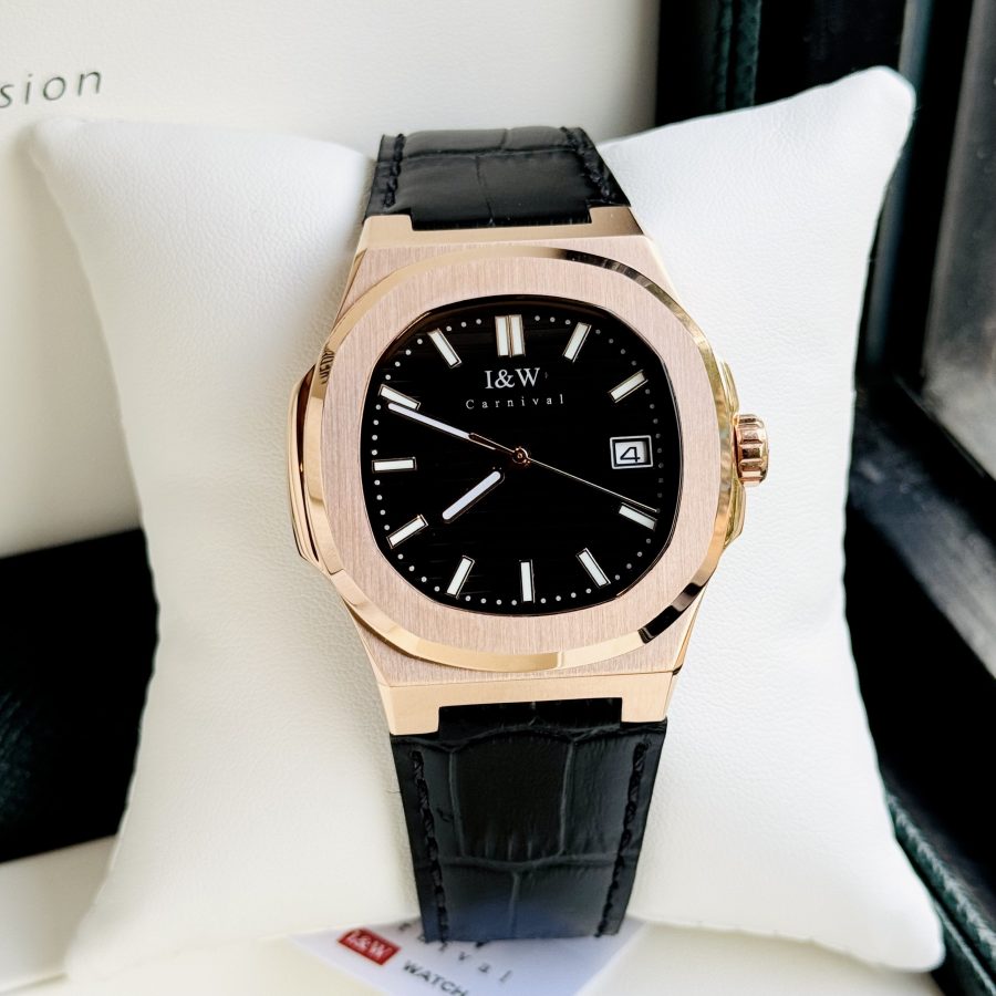 ĐỒNG HỒ NAM I&W Carnival 721G Black - Viền Gold Trơn - Dây Da - Automatic - Kính Sapphire