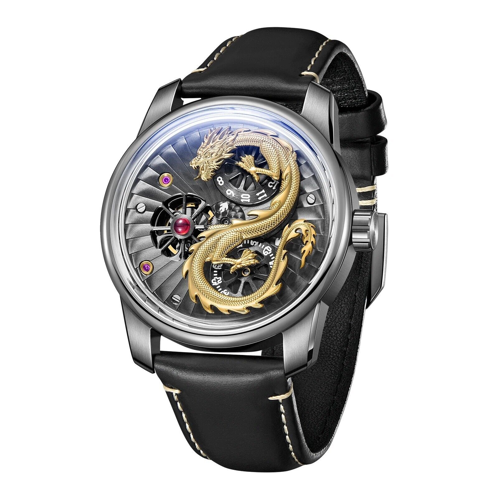 Đồng Hồ Nam OBLVLO Dragon Gold - Viền Bạc - 42mm - Automatic - Sapphire