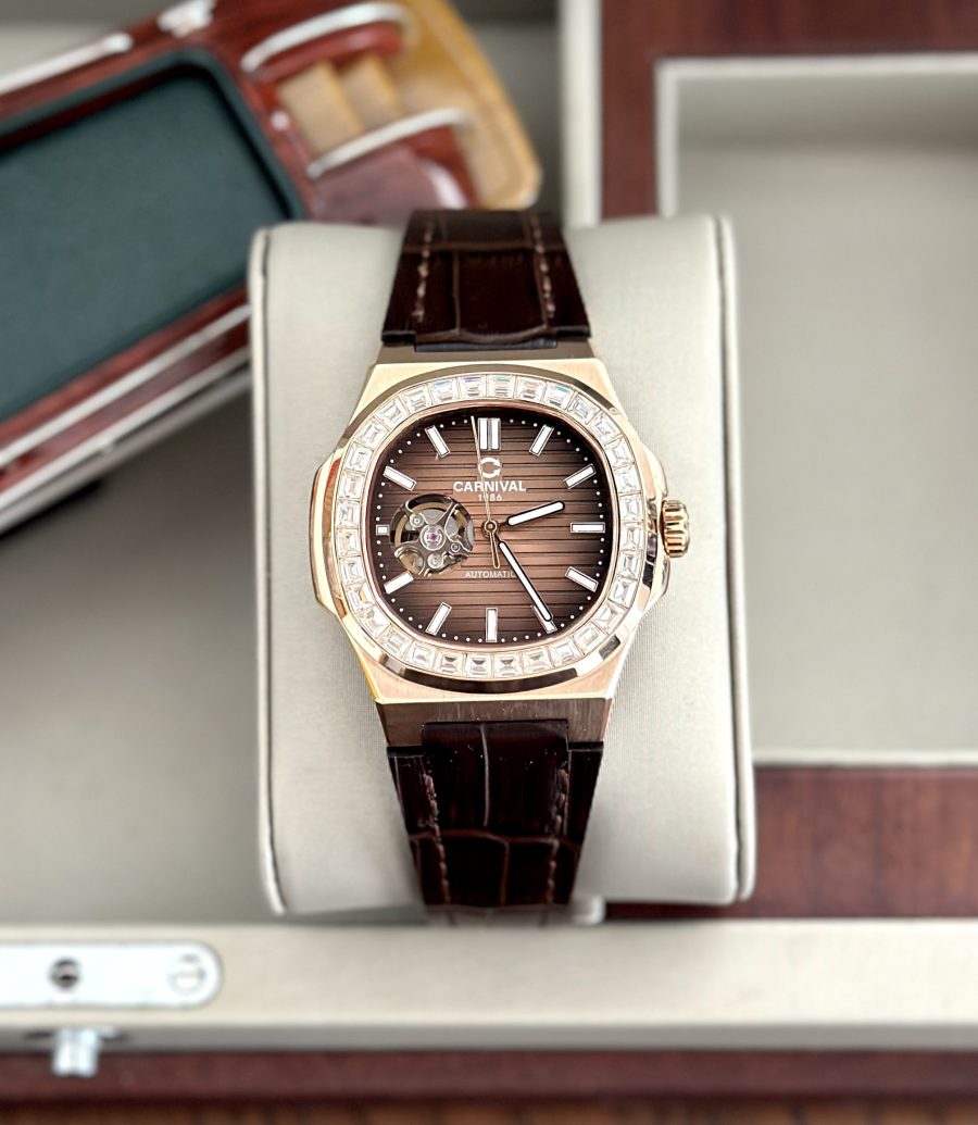 ĐỒNG HỒ NAM Carnival 8128G - Dây Da - Mặt Nâu Open Heart - Automatic - Kính Sapphire