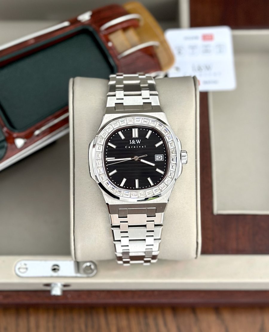 ĐỒNG HỒ NAM I&W Carnival 721G - Mặt Đen - Viền Đính Đá - Dây Thép - Automatic - Kính Sapphire