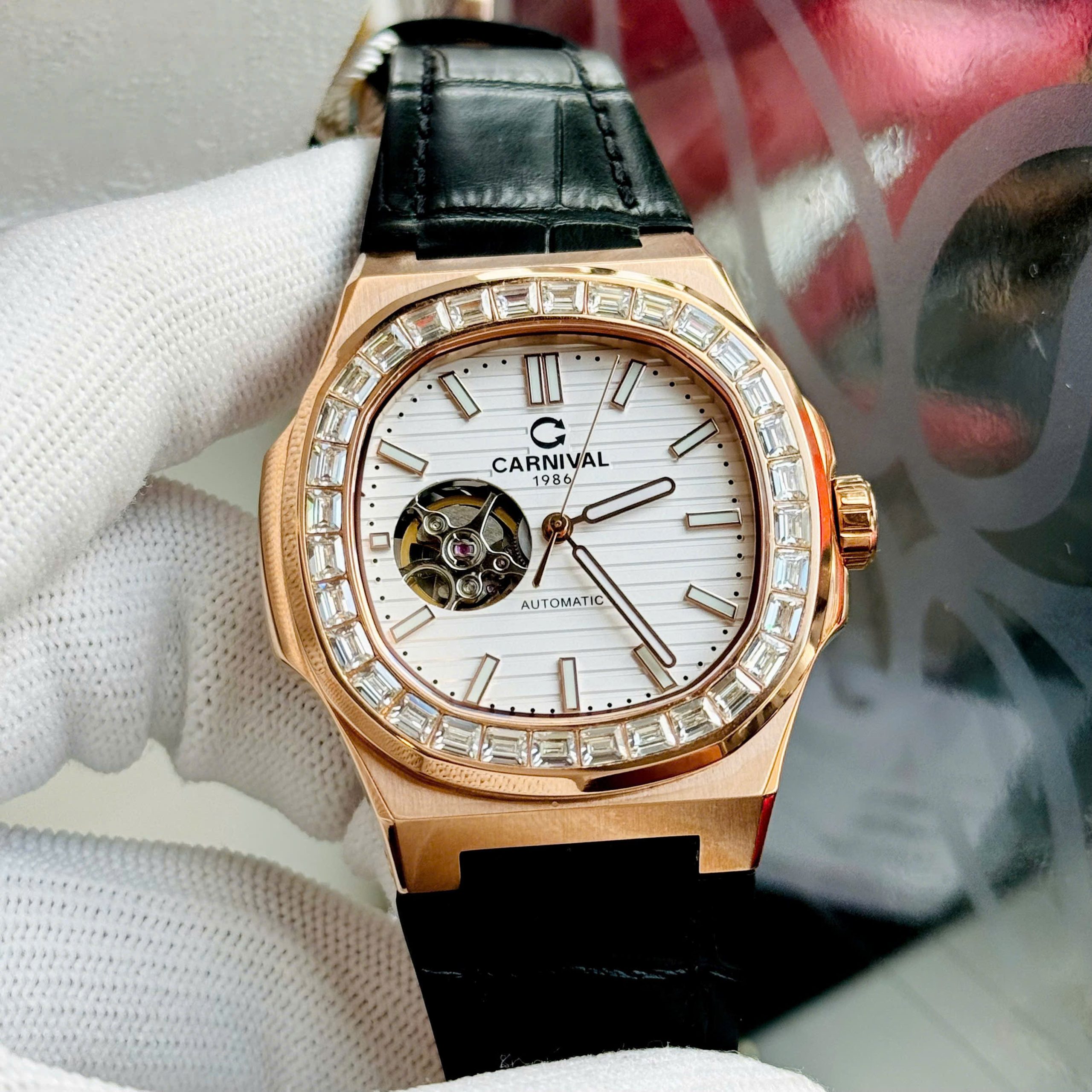 ĐỒNG HỒ NAM Carnival 8128G - Dây Da - Mặt Trắng Open Heart - Automatic - Kính Sapphire