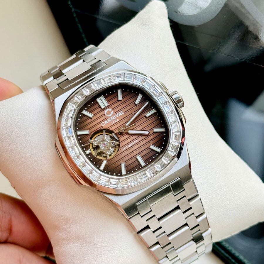 ĐỒNG HỒ NAM Carnival 8128G - Mặt Nâu Cafe - Viền Đính Đá - Dây Thép - Automatic - Kính Sapphire