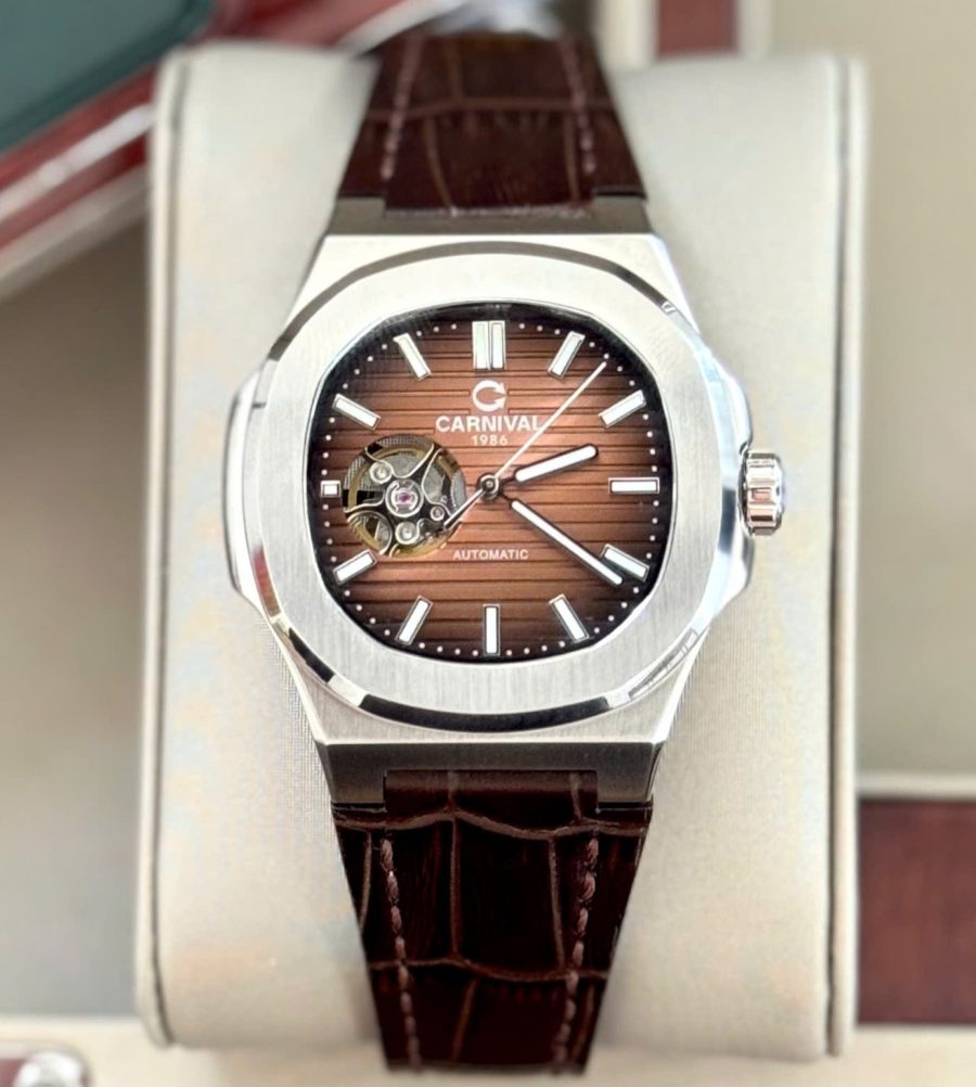 ĐỒNG HỒ NAM Carnival 8128G - Dây Da - Mặt Nâu Open Heart - Viền Trắng Trơn - Automatic - Kính Sapphire