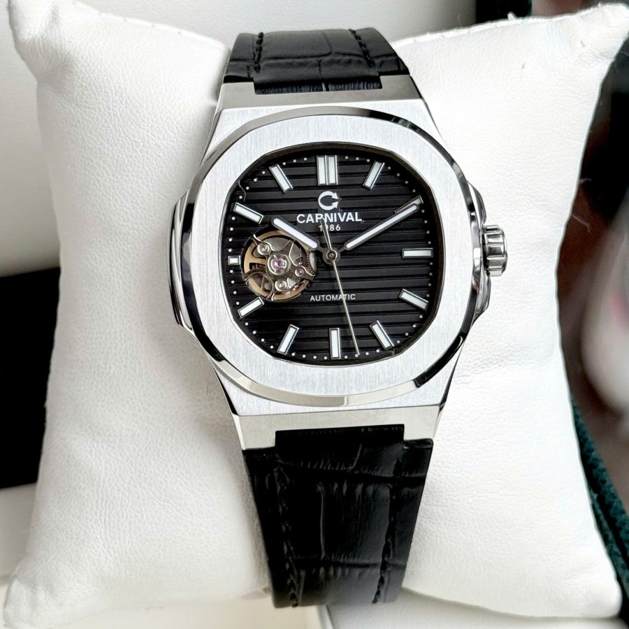 ĐỒNG HỒ NAM Carnival 8128G - Dây Da - Mặt Đen Open Heart - Viền Trắng Trơn - Automatic - Kính Sapphire