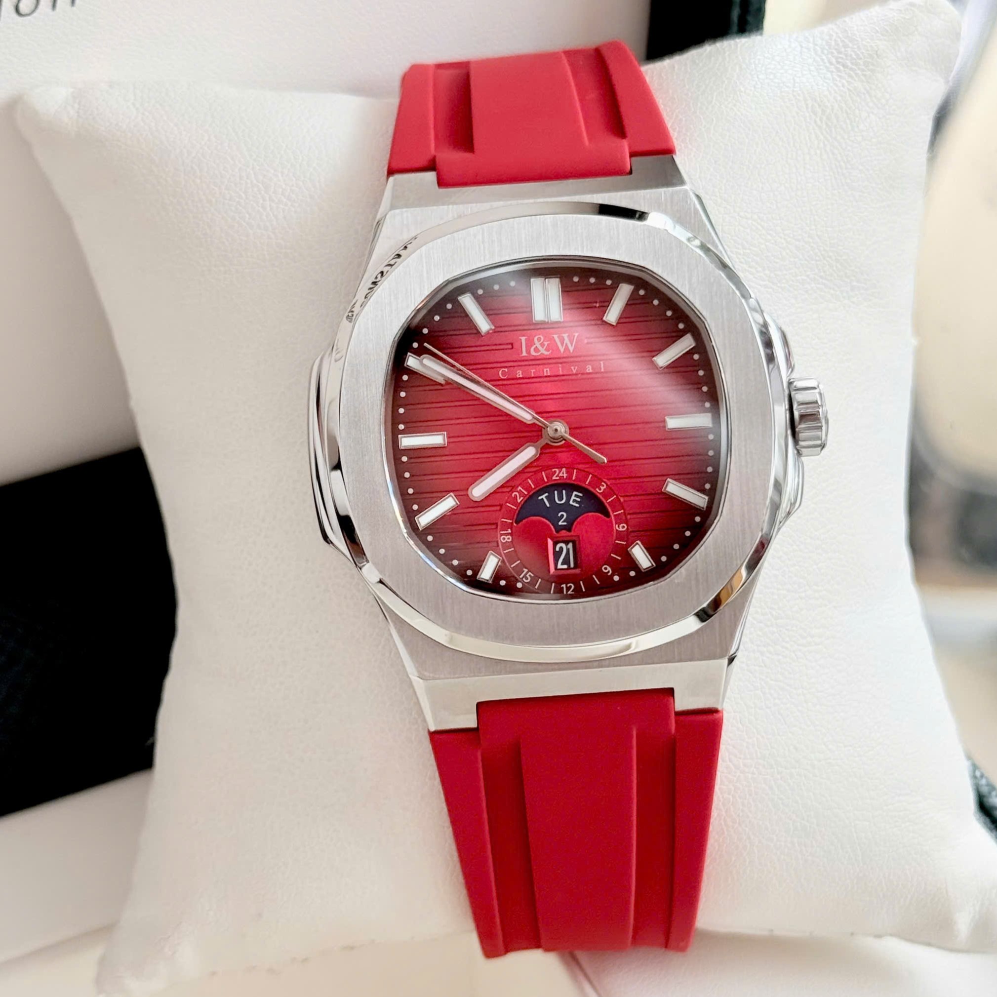 ĐỒNG HỒ NAM I&W Carnival 735G Dây Cao Su - Mặt Trơn Đỏ- Automatic - Kính Sapphire