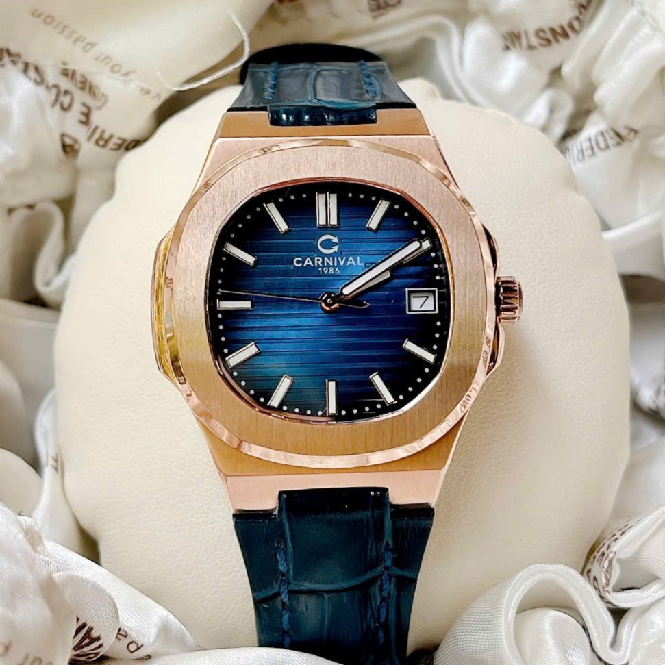 ĐỒNG HỒ Nữ Carnival 8161L- Mặt Xanh -Dây Da Viền Vàng- Pin - Kính Sapphire