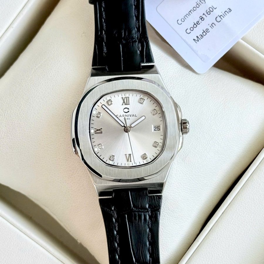 ĐỒNG HỒ Nữ Carnival 8160L-VT-DD-T- Mặt Bạc -Dây Da Viền Bạc- Pin - Kính Sapphire