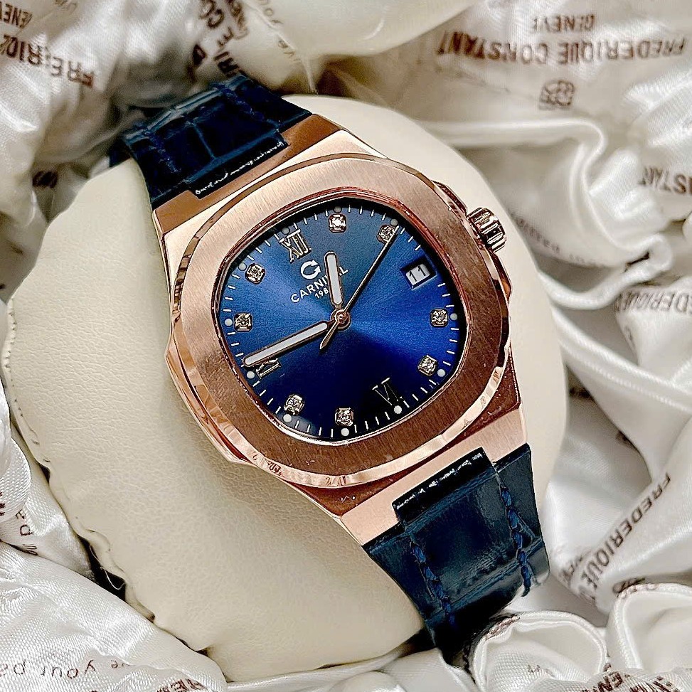 ĐỒNG HỒ Nữ Carnival 8160L-VH-DD-X- Mặt Xanh -Dây Da Viền Vàng - Pin - Kính Sapphire