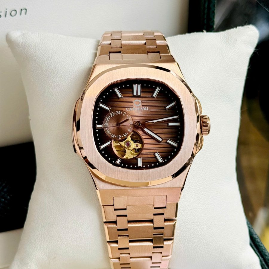 ĐỒNG HỒ NAM Carnival 8159G - Dây Thép Vàng - Nâu Cafe Open Heart - Automatic - Kính Sapphire