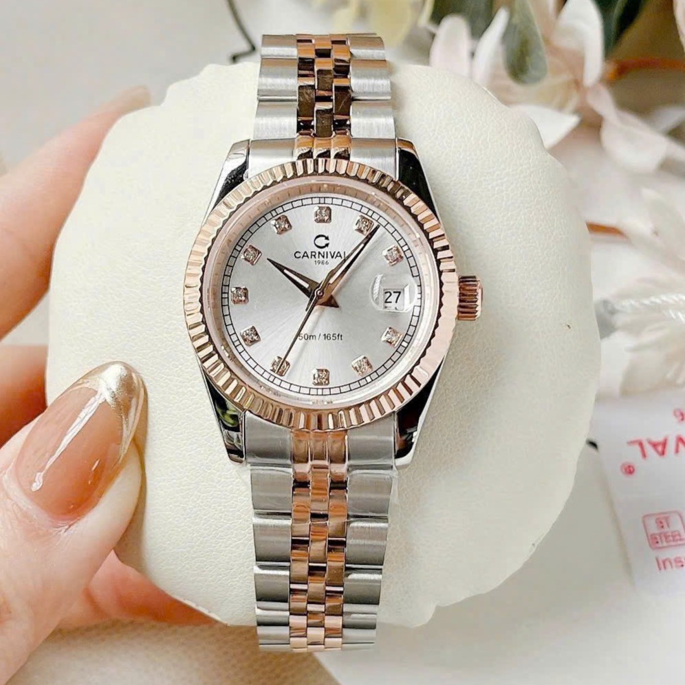 ĐỒNG HỒ Nữ Carnival 8131L-CH-T-Mặt Bạc - Demi Vàng Hồng - Pin - Kính Sapphire