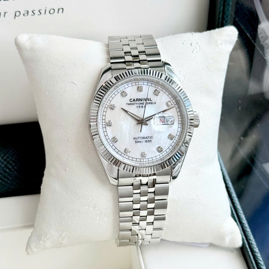 Đồng Hồ Nam Carnival 8131G  Dây Thép Bạc - Mặt Xà Cừ Bạc - Automatic - Kính Sapphire