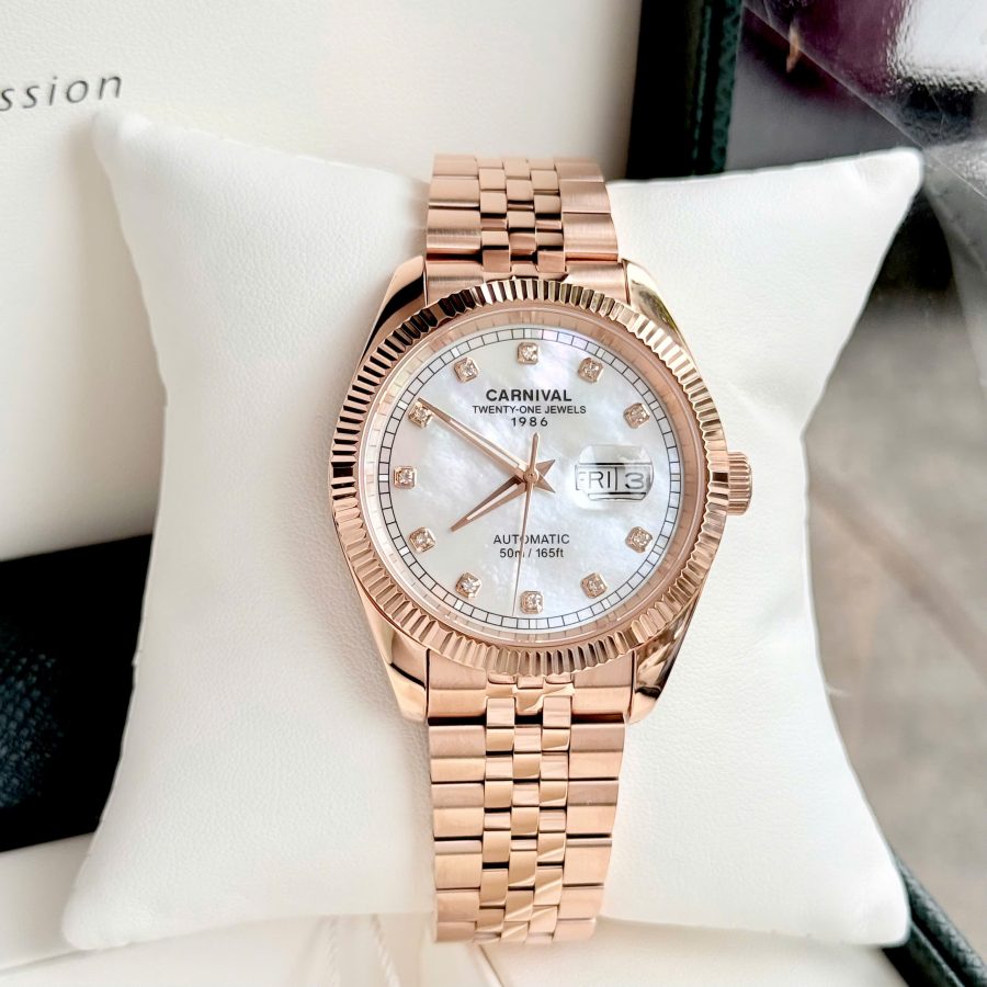 Đồng Hồ Nam Carnival 8131G  Dây Thép Rose Gold - Mặt Xà Cừ Bạc - Automatic - Kính Sapphire