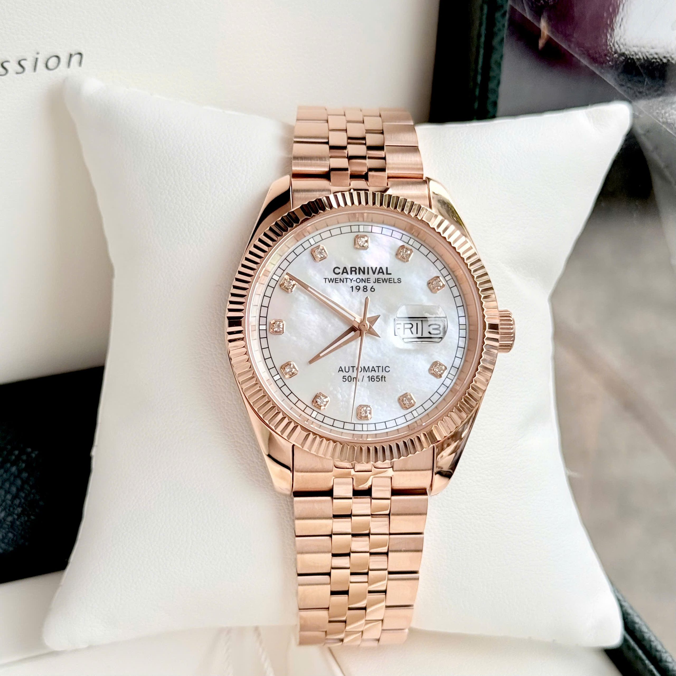 Đồng Hồ Nam Carnival 8131G  Dây Thép Rose Gold - Mặt Xà Cừ Bạc - Automatic - Kính Sapphire