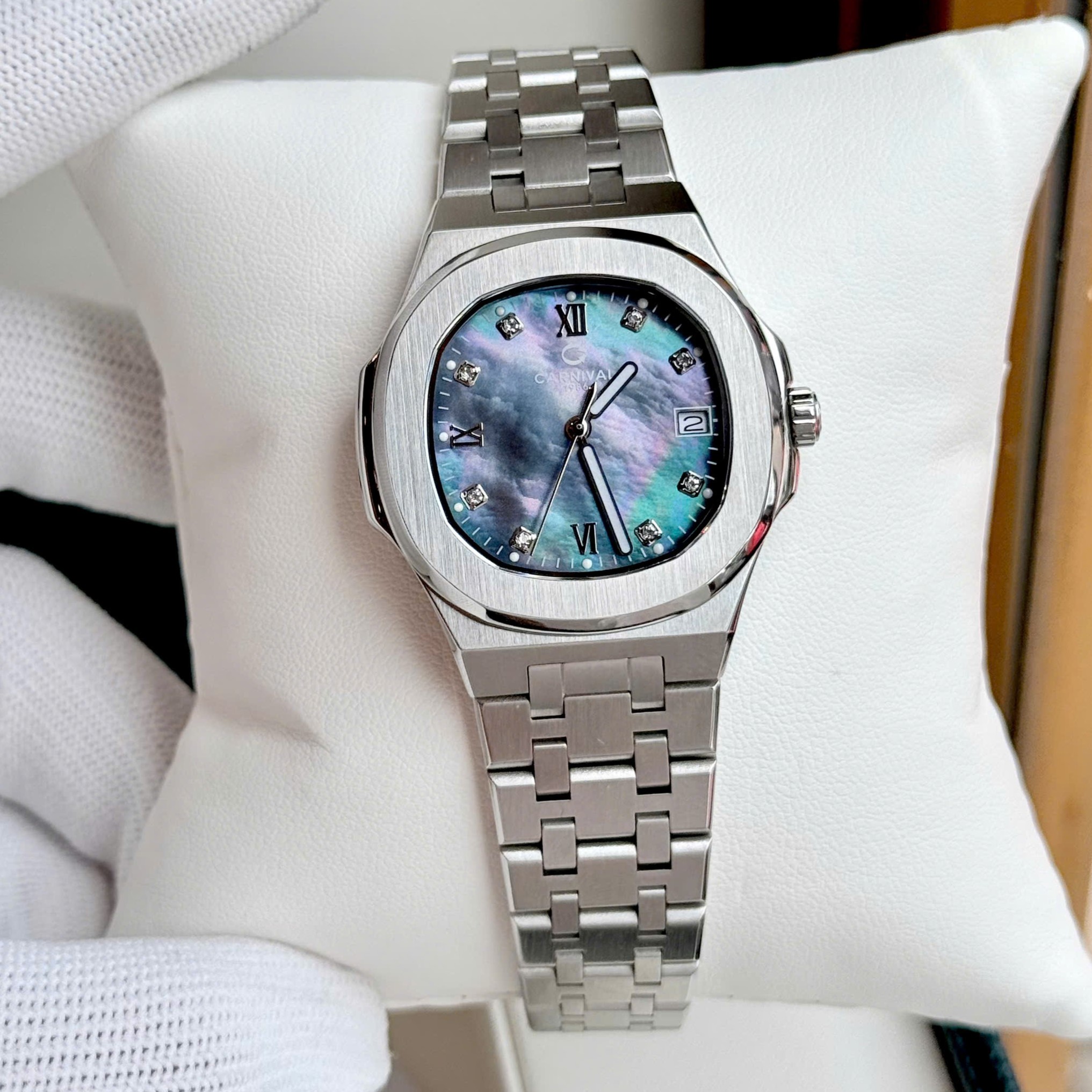 ĐỒNG HỒ Nữ Carnival 8160L-VT-DK-Mặt Xà Cừ Tím-Dây Thép-Pin-Kính Sapphire