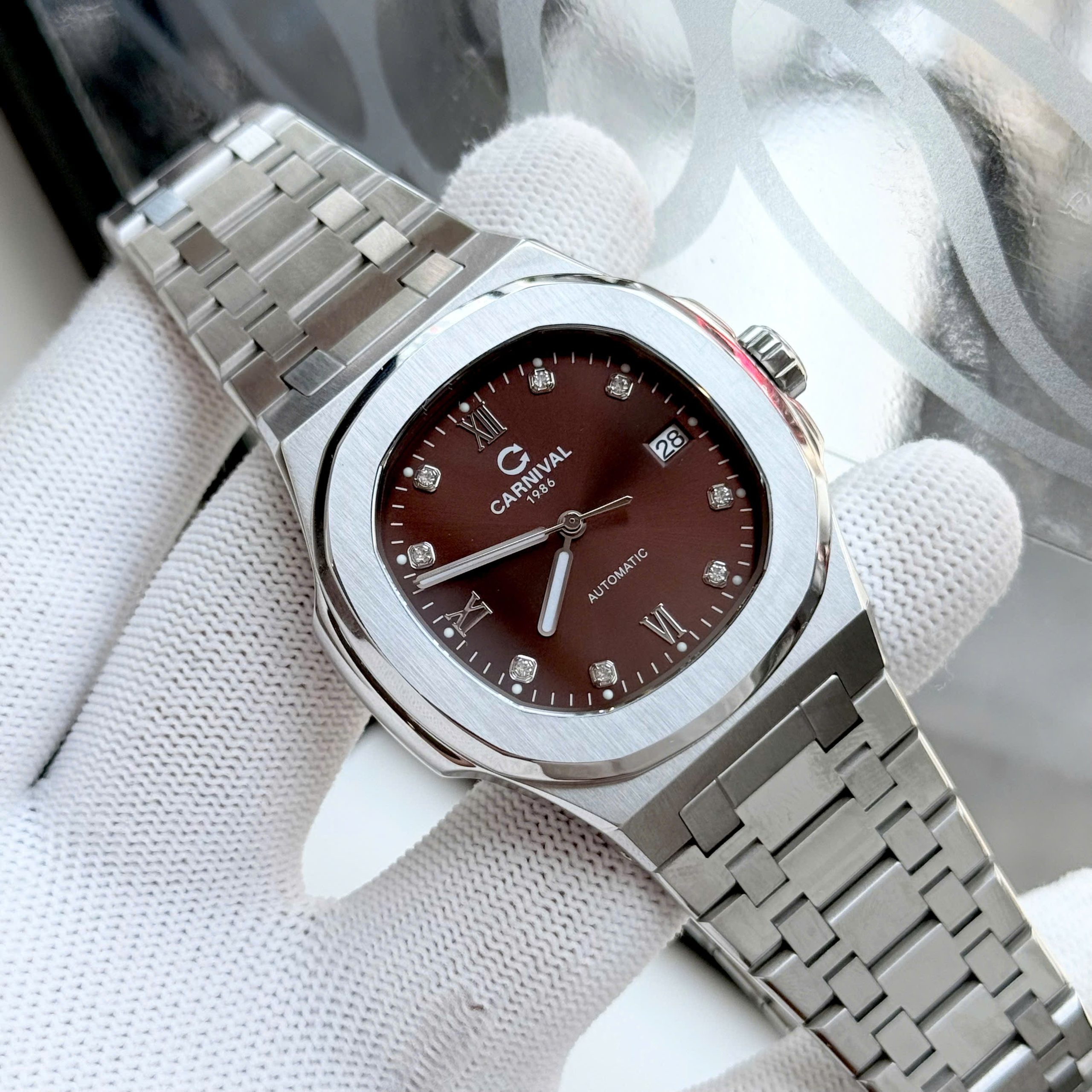 Đồng Hồ Nam Carnival 8160G - Dây Thép Bạc - Mặt Nâu Cafe - Automatic - Kính Sapphire