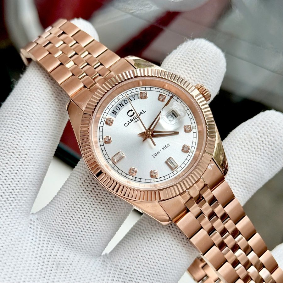 Đồng Hồ Nam Carnival 8190G-VH-T-Thép Vàng-Mặt Trắng-Pin-Kính Sapphire