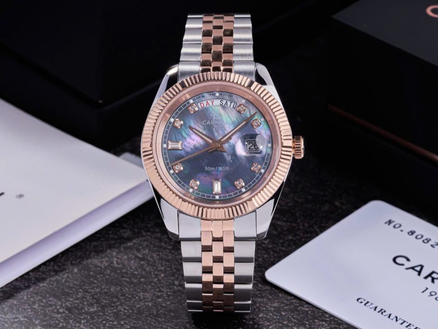 Đồng Hồ Nam Carnival 8190G-CH-DK DAYDATE-Thép Demi-Mặt Xà Cừ Tím-Pin-Kính Sapphire