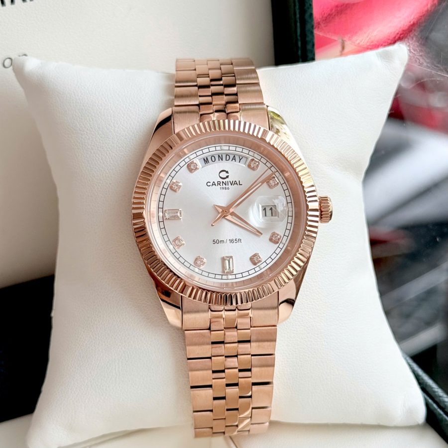 Đồng Hồ Nam Carnival 8190G-VH-T DAYDATE-Thép Vàng-Mặt Trắng-Pin-Kính Sapphire