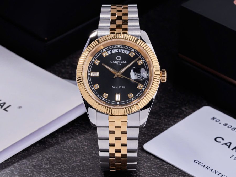 Đồng Hồ Nam Carnival 8190G-CV-D DAYDATE-Thép Demi-Mặt Đen-Pin-Kính Sapphire