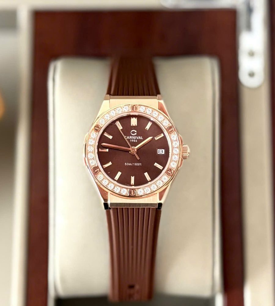Đồng Hồ Nữ Carnival 8168L2-VH-DCS-N-Viền Vàng Hồng-Dây Cao Su-Mặt Nâu-Pin-Kính Sapphire