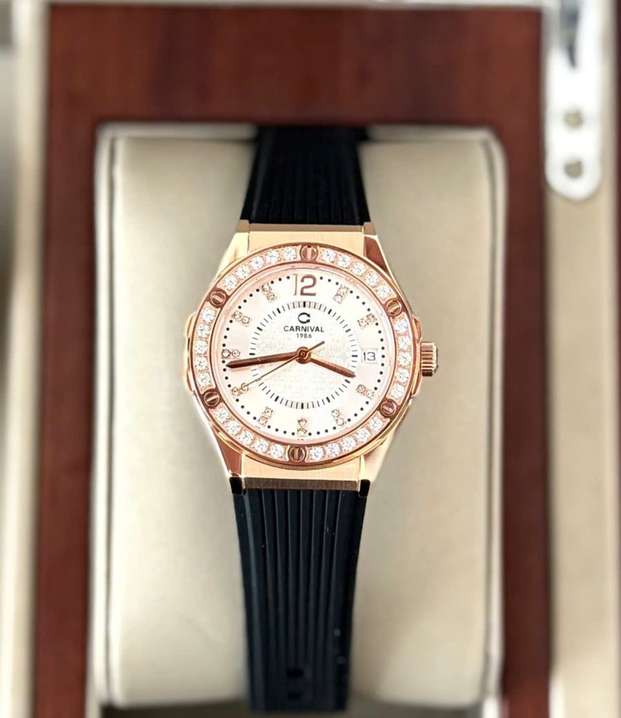 Đồng Hồ Nữ Carnival 8173L2-VH-DCS-T-Viền Vàng Hồng-Dây Cao Su-Mặt Trắng-Pin-Kính Sapphire