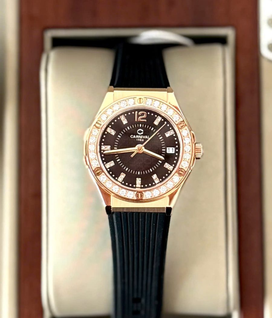 Đồng Hồ Nữ Carnival 8173L2-VH-DCS-D-Viền Vàng Hồng-Dây Cao Su-Mặt Đen-Pin-Kính Sapphire