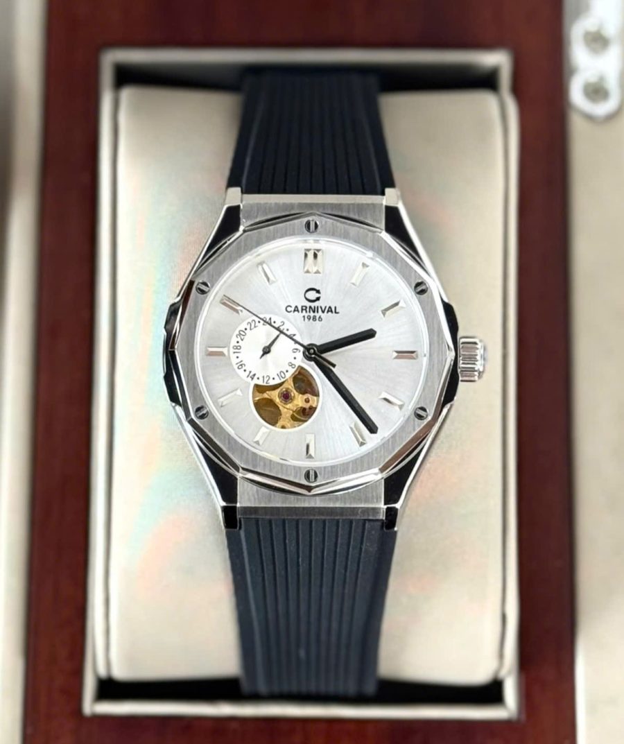 Đồng Hồ Nam Carnival 8189G-VT-DCS-T- Mặt Trắng-Dây Cao Su-Automatic-Kính Sapphire