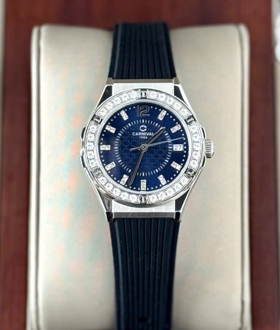 Đồng Hồ Nữ Carnival 8173L2-VT-DCS-X-Viền Trắng Đá-Dây Cao Su-Mặt Xanh-Pin-Kính Sapphire