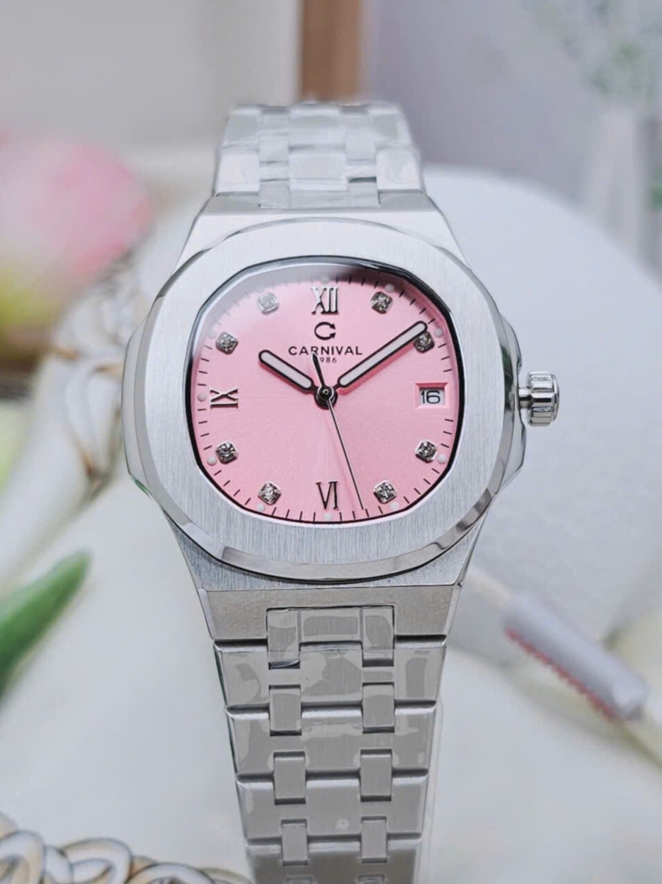 ĐỒNG HỒ Nữ Carnival 8160L-VT-H Mặt Hồng-Dây Thép-Pin-Kính Sapphire
