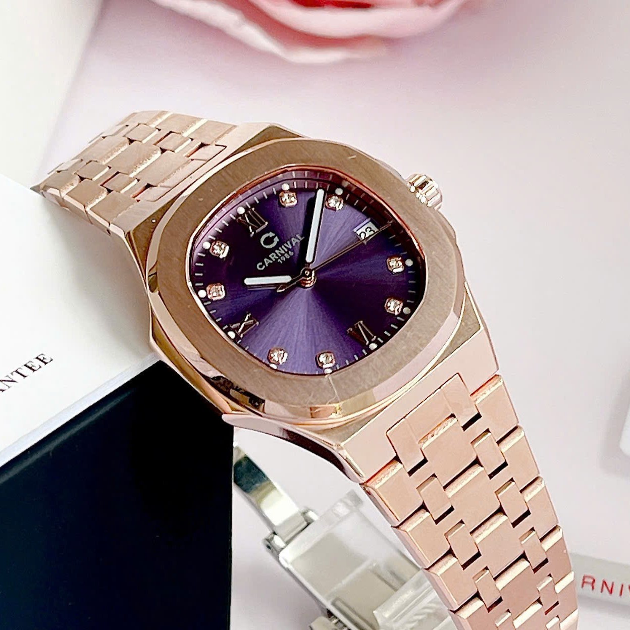 ĐỒNG HỒ Nữ Carnival 8160L-VH-TIM Mặt Tím-Dây Thép-Pin-Kính Sapphire