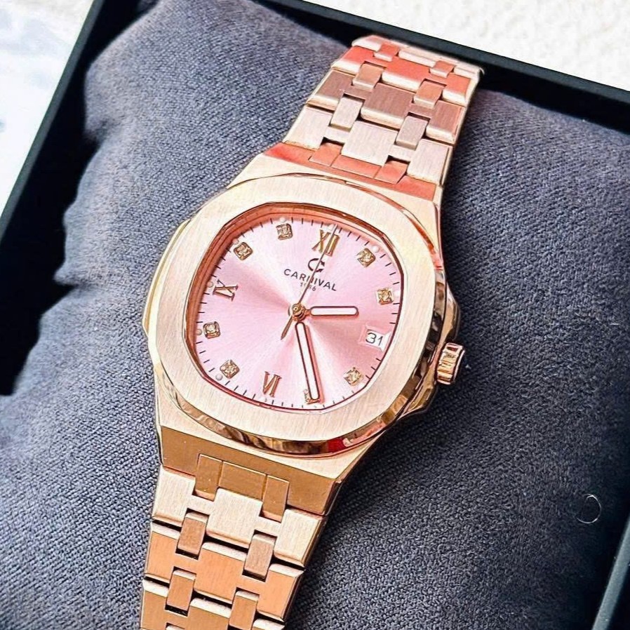 ĐỒNG HỒ Nữ Carnival 8160L-VH-H Mặt Hồng-Dây Thép-Pin-Kính Sapphire
