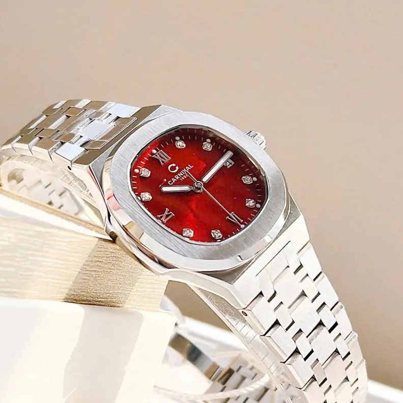 ĐỒNG HỒ Nữ Carnival 8160L-VT-DO Mặt Đỏ-Dây Thép-Pin-Kính Sapphire