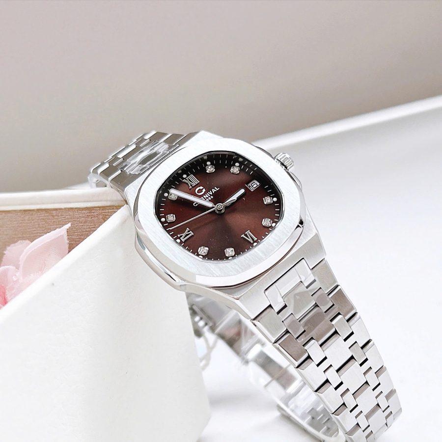 ĐỒNG HỒ Nữ Carnival 8160L-VT-Nâu Mặt Nâu Đậm-Dây Thép-Pin-Kính Sapphire