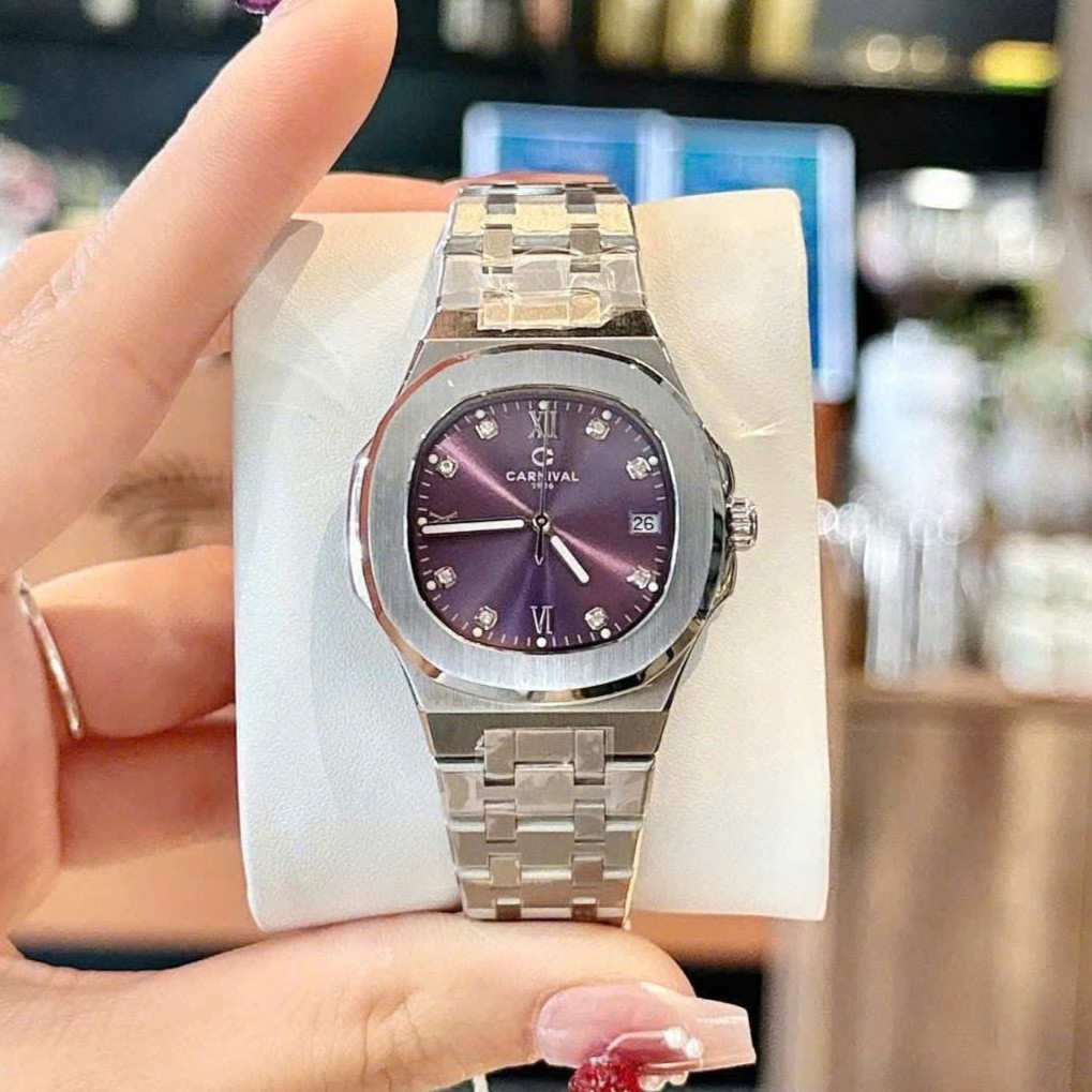 ĐỒNG HỒ Nữ Carnival 8160L-VT-TIM Mặt Tím-Dây Thép-Pin-Kính Sapphire