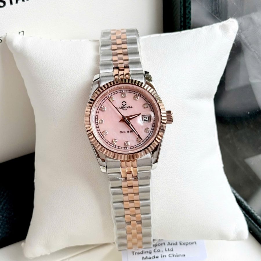 ĐỒNG HỒ Nữ Carnival 8131L-CH-HK Xà Cừ Hồng-Dây Thép-Pin-Kính Sapphire